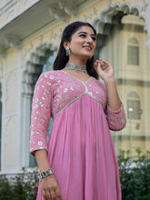 Light Pink Viscose Rayon Dress with Sequence Embroidery and Lace Detailing on Yoke and Sleeves